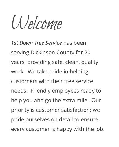 Welcome 1st Down Tree Service has been serving Dickinson County for 20 years, providing safe, clean, quality work.  We take pride in helping customers with their tree service needs.  Friendly employees ready to help you and go the extra mile.  Our priority is customer satisfaction; we pride ourselves on detail to ensure every customer is happy with the job.